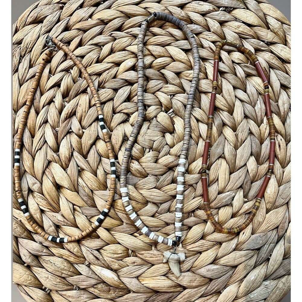 VTG Lot Of 3 Heishi Brown & Cream Coconut Wooden Beaded Necklace Tribal Surfer